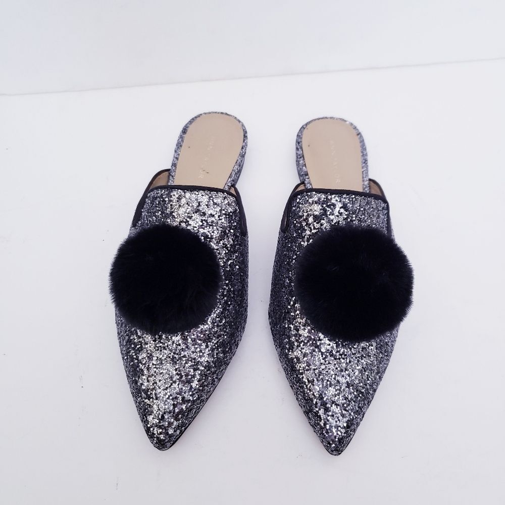 Ann Taylor Metallic Glitter Pom Pom Silver Black Mules - Picture 2 of 11